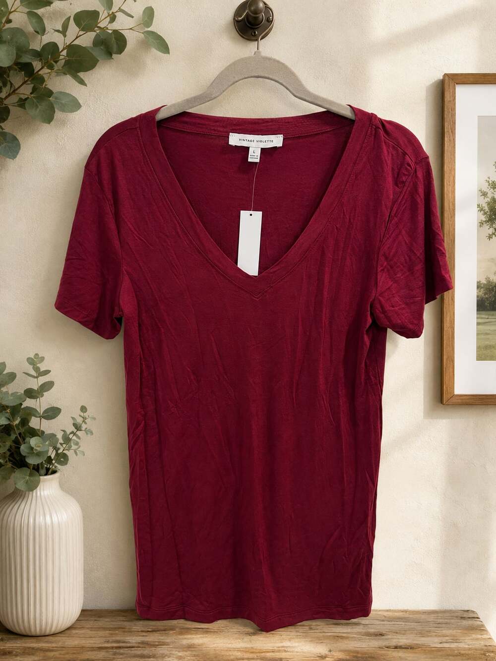 NWT Vintage Violette V-Neck T-Shirt, Burgundy, Size L